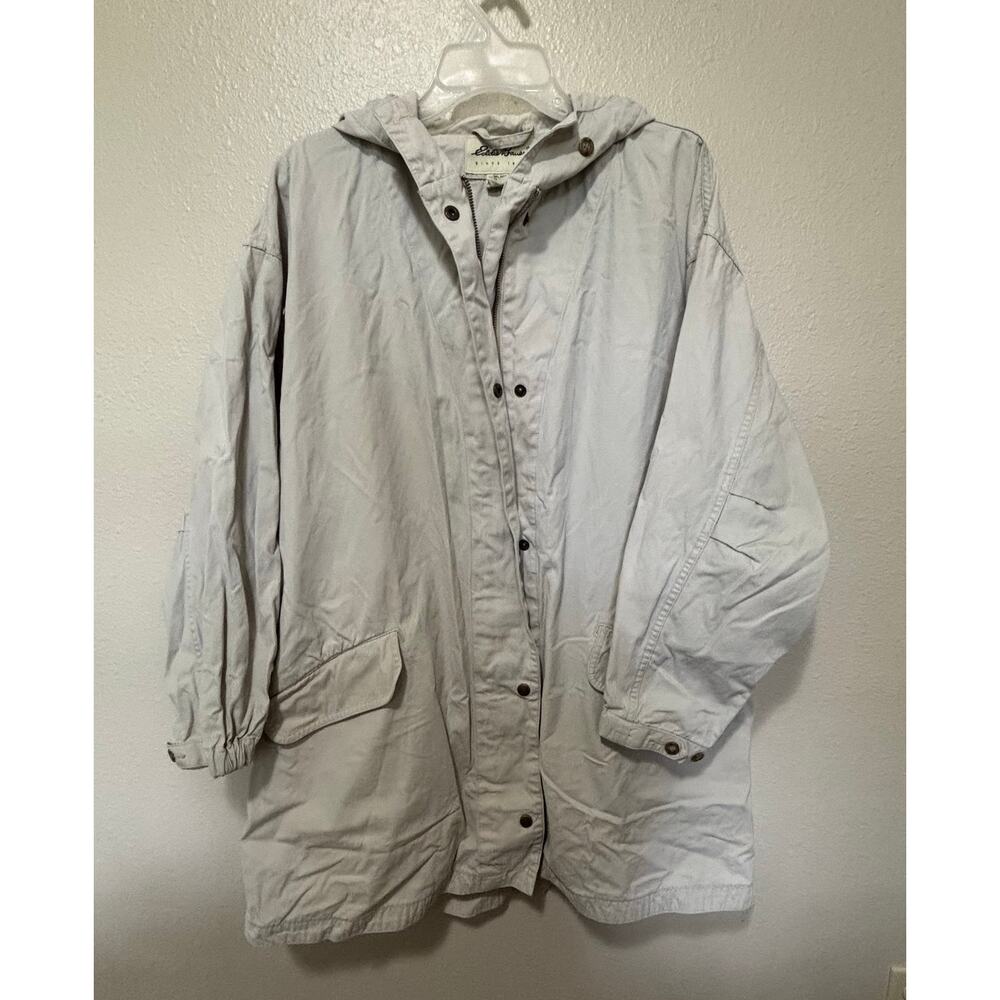Women’s Eddie Bauer Khaki Trekker Trench Hooded Barn Chore Coat, size L Large